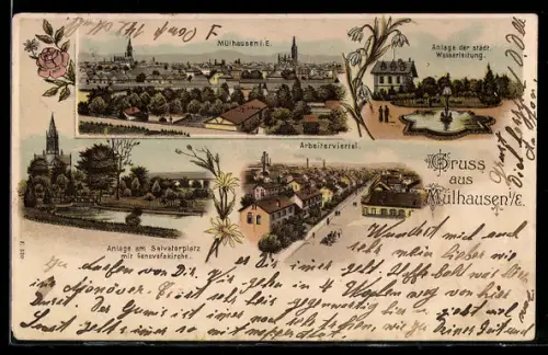 Lithographie Mülhausen i. E., Anlage am Salvatorplatz m. Genovefakirche, Arbeiterviertel, Anl. der städt. Wasserleitung