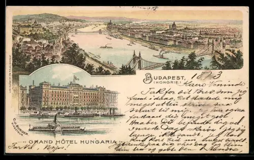 Lithographie Budapest, Grand Hotel Hungaria, Gesamtansicht, Dampfer