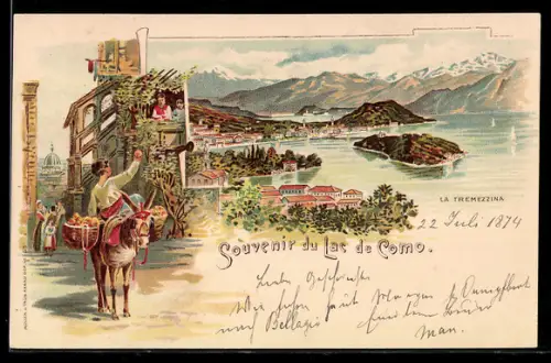 Lithographie Como, La Tremezzina & Lac de Como, Panorama