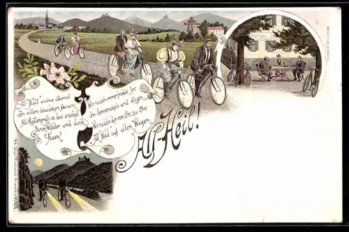 Lithographie Gruppe von Fahrradfahrern, Tandem, Rast im Gasthaus, Nachtfahrt