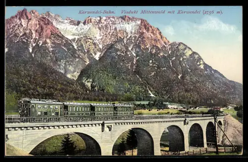 AK Mittenwald, Mittenwaldbahn-Viadukt mit Karwendel, Gebirgsbahn