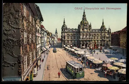 AK Graz, Hauptplatz mit Herrengasse und Strassenbahn