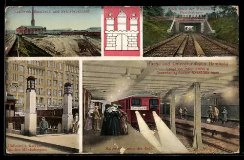 AK Hamburg-Barmbek, Hoch-und U-Bahn, Kraftwerk Barmbeck m. Betriebsbahnhof, Haltestelle Barkhof u. Sierichstrasse