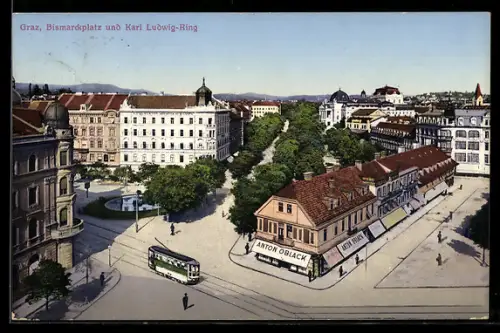 AK Graz, Bismarckplatz und Karl Ludwig-Ring, Strassenbahn