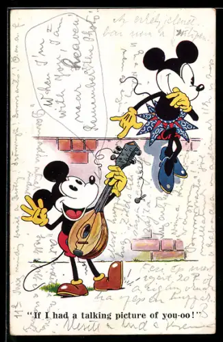AK Micky Maus spielt Minnie Maus ein Ständchen auf einer Laute, Comic