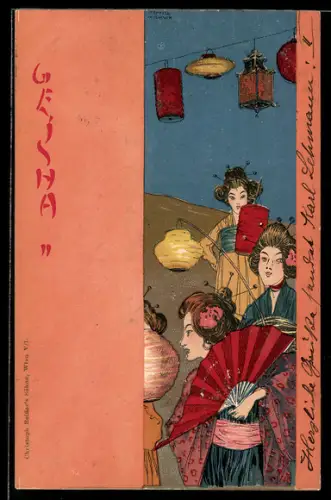 Künstler-AK Raphael Kirchner: Gruppe von Geisha mit Fächer und Laternen