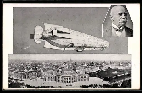 AK Wien, Graf Zeppelin mit seinem lenkbaren Luftschiff in der Stadt
