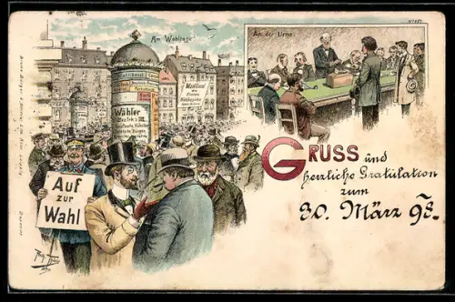 Künstler-AK A. Thiele: Auf zur Wahl, Wahltag, an der Urne