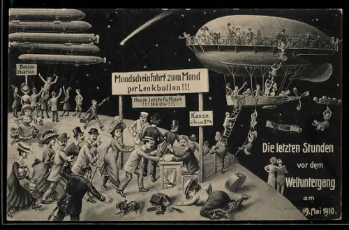 AK Mondscheinfahrt zum Mund, Menschen in Zeppelinen, Polizist, Zukunft