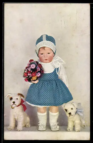 AK Käthe Kruse-Puppe mit Blumenstrauss und zwei kleinen Hunden