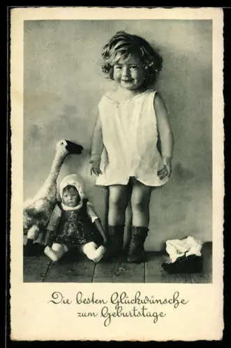 AK Mädchen freut sich über die Käthe Kruse-Puppe zu seinem Geburtstag, Die besten Glückwünsche