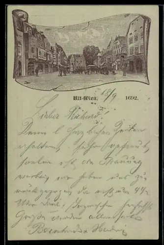 Vorläufer-Lithographie Wien, 1892, Strassenpartie mit Geschäft von K. Ditmar