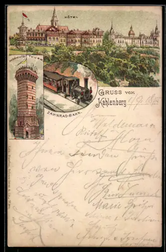 Vorläufer-Lithographie Wien, 1895, Kahlenberg, Hôtel, Aussichts-Turm, Zahnrad-Bahn