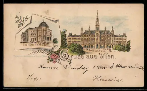 Vorläufer-Lithographie Wien, 1895, Rathaus und Deutsches Volkstheater