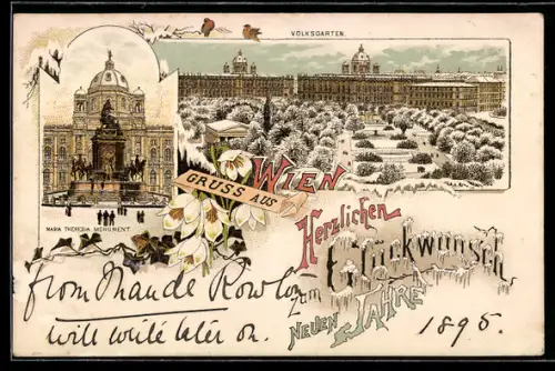 Vorläufer-Lithographie Wien, 1894, Volksgarten und Maria Theresia-Monument im Winter, Schneeglöckchen, Neujahrsgruss
