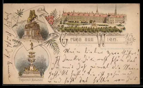 Vorläufer-Lithographie Wien, 1890, K. k. Hofburg, Prinz Eugen-Monument, Tegetthof-Monument