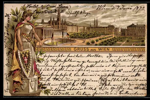 Vorläufer-Lithographie Wien, 1892, Franzensring, Austria mit Wappen