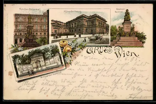 Vorläufer-Lithographie Wien, 1895, Schiller-Denkmal, Künstlerhaus, Beethovendenkmal, Grillparzer-Denkmal