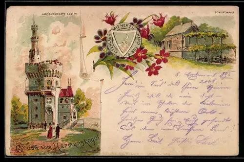 Vorläufer-Lithographie Hermannskogel, 1895, Habsburgwarte und Schutzhaus