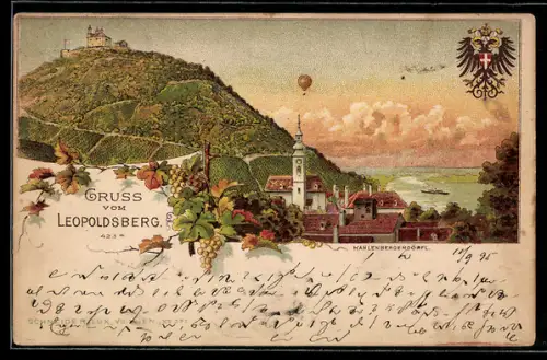 Vorläufer-Lithographie Wien, 1895, Leopoldsberg, Kahlenbergerdörfl mit Kirche und einem Heissluftballon