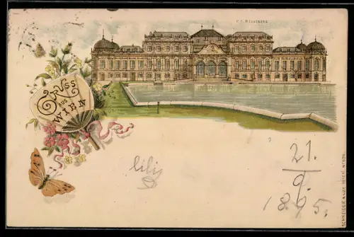 Vorläufer-Lithographie Wien, 1895, K. K. Belvedere mit Wasserbecken, Fächer und Schmetterling