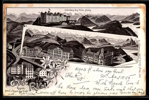 Vorläufer-Lithographie Rigi-Kulm, 1895, Schreiber`s Rigi-Kulm Hotels, Hotel und Pension Rigi Staffel