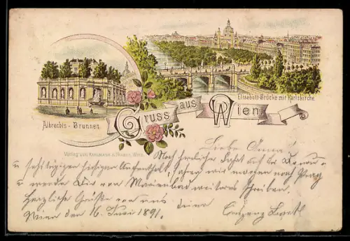 Vorläufer-Lithographie Wien, 1891, Elisabeth-Brücke mit Karlskirche, Albrechts-Brunnen