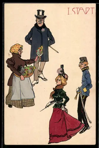 AK Wiener Stadttypen, Blumenverkäuferin, elegant gekleidetes Fräulein und alter Soldat