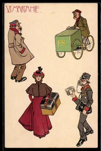 AK Wien VI, Mariahilf, Postbote in Uniform, Zeitungsverkäufer mit Fahrrad