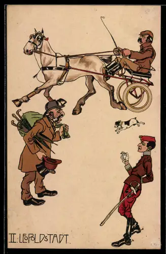 Lithographie Wien, Leopoldstadt, Mann auf einer Pferdekutsche, Hund, Mann mit Schirmen