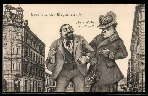 AK Wien, Paar beim Spaziergang in der Bisgurnstrasse, Karikatur