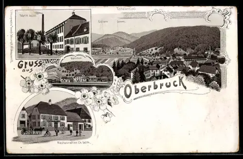 Lithographie Oberbruck, Restauration Ch. Veith, Fabrik Zeller, Bahnhof, Ortsansicht