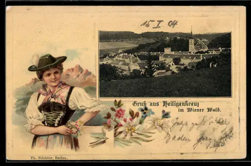 Passepartout-Lithographie Heiligenkreuz i. Wiener Wald, Gesamtansicht, Frau in Tracht