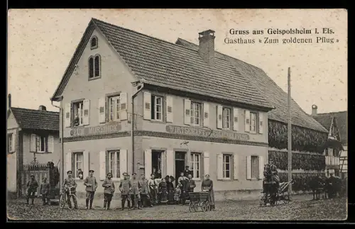 AK Geispolsheim i. Els., Gasthaus Zum goldenen Pflug, Zum Muredick, Soldaten