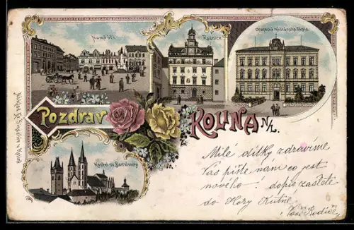 Lithographie Kolina /N.-L., Namestí, Radnice, Chlapecká mestanská skola, Kostel sv. Bartolomeje