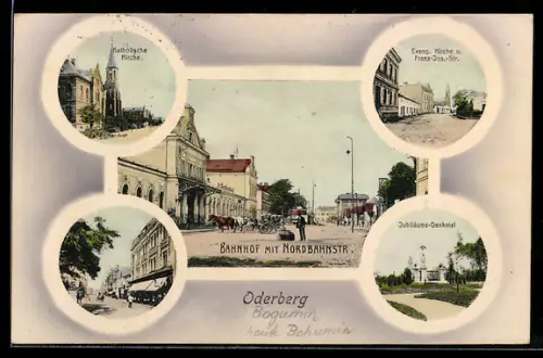 AK Oderberg, Kathol. Kirche, Bahnhof mit Nordbahnstrasse, Jubiläumsdenkmal