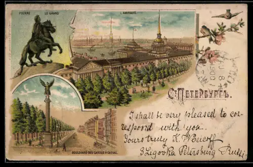 Lithographie St. Petersburg, Pierre le Grand, L`Amiraute, Boulevard des Gardes à Cheval