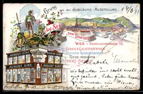 Lithographie Wien I, Jubiläums-Ausstellung, Leder- und Galanteriewaren August Sirk, Kärnthnerstrasse 55