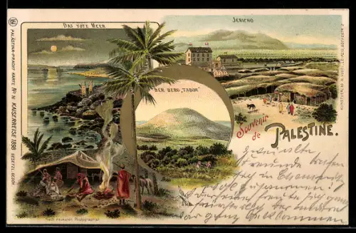 Lithographie Jericho, Ortsansicht, totes Meer, Berg Tabor