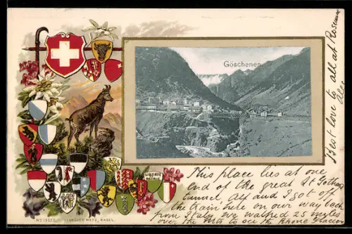 Passepartout-Lithographie Göschenen, Teilansicht, Gamsbock und Wappen