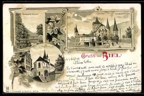 Lithographie Biel, Schloss Nedan, Taubenloch-Schlucht, Evang. Kirche