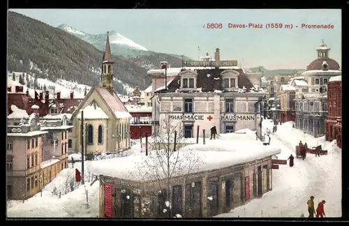 AK Davos-Platz, Promenade im Winter, Pharmacie Hausmann