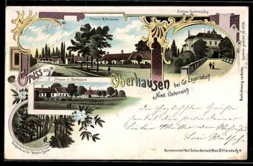 Lithographie Gross-Enzersdorf, Oberhausen, Strasse Mitterhausen, Strasse in Oberhausen, Schloss Sachsengang