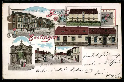 Lithographie Esslingen, Hauptplatz, Schüttkasten, Berühmtheid Napoleon I., Tor bei der langen Allee