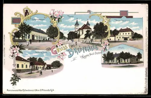 Lithographie Wien, Breitenlee, Weiss Gasthaus, Handlung Böck, Bürgermeisteramt