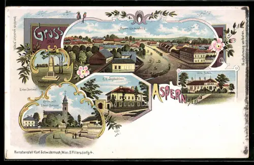 Lithographie Aspern a. d. D., Kirche mit Löwendenkmal, Villa Portois, Kirchenplatz aus der Vogelschau