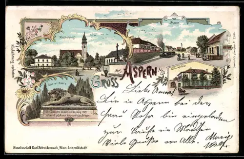 Lithographie Aspern a. D., Löwen von Aspern, K. K. Jagdhaus, Kirchenplatz