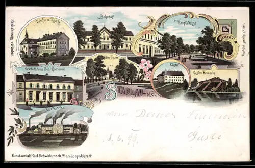 Lithographie Stadlau /N. Ö., Bahnhof, Geschäft Joh. Kormunde, Hauptstrasse, Kloster, Kirche