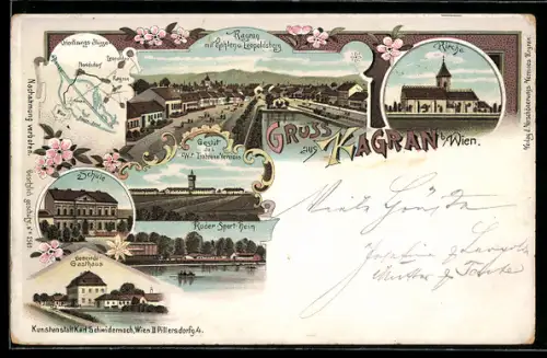 Lithographie Wien, Kagran b. Wien, Gemeinde-Gasthaus, Schule, Ruder-Sport-Heim, Gestüt d. Trabrennbahn-Vereins