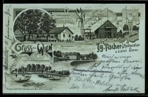 Mondschein-Lithographie Wien, Restaurant Ignaz Fischer a. d. alten Donau, Kagraner Reichsstrasse 174, Ruderclub